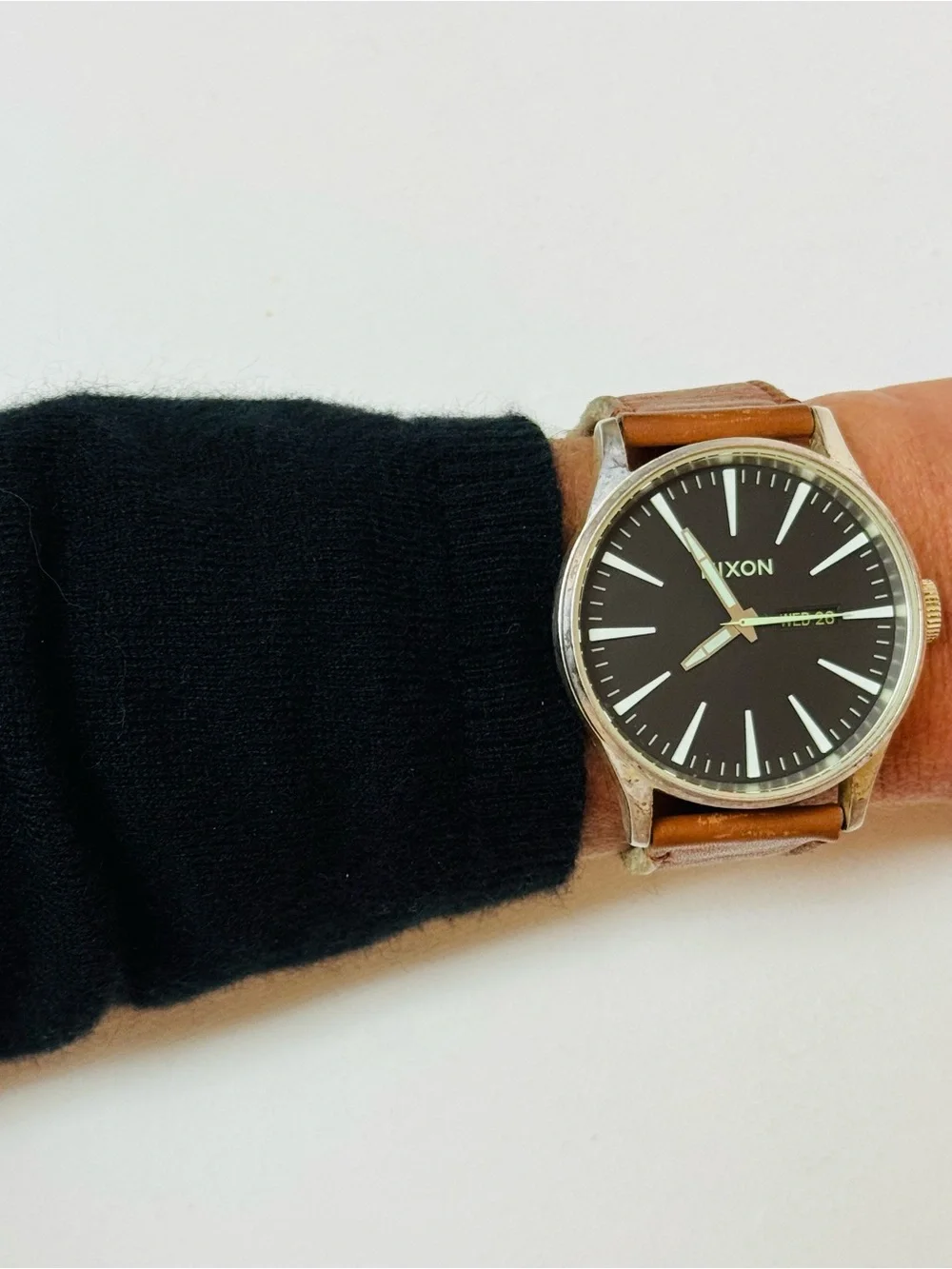 Nixon The Sentry 42mm Men's Day/Date Watch Silver Brown Leather Black Dial